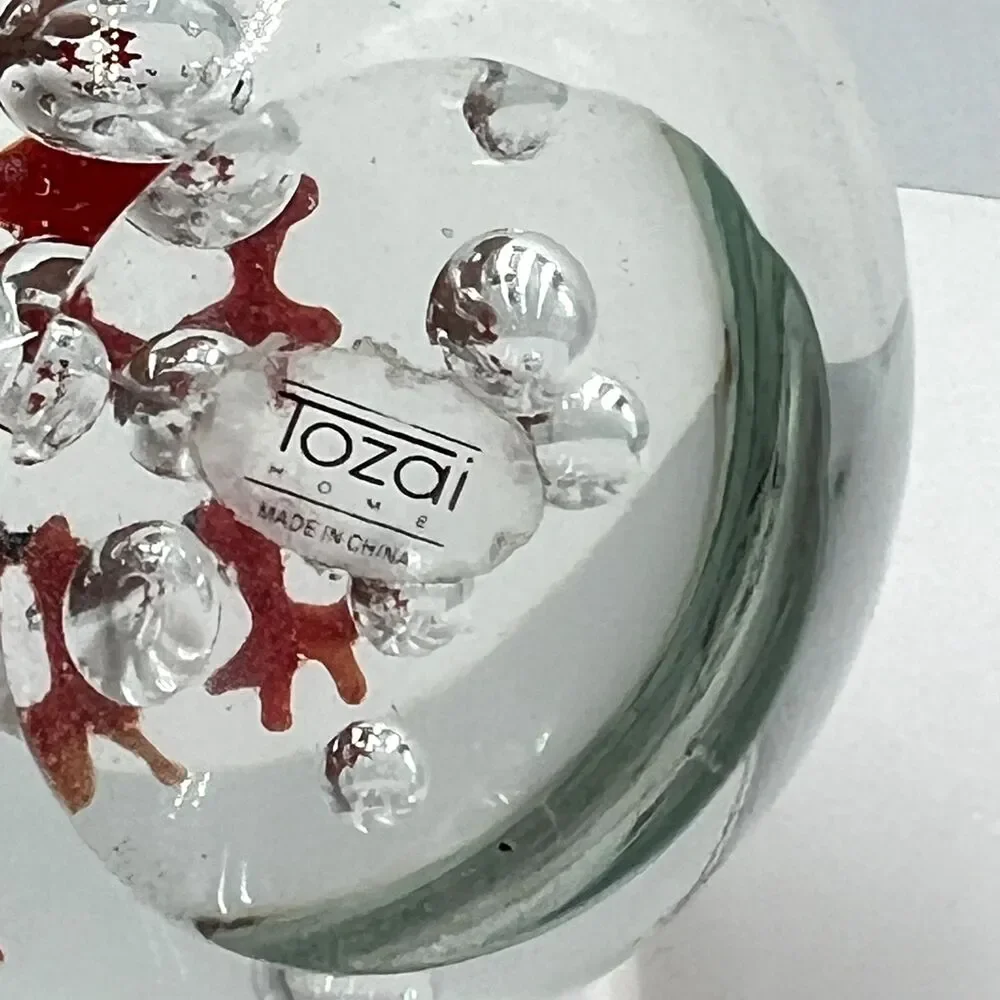 Tozai Clear Round Paperweight w/4 Orange Fish Bulging Eyes Controlled Bubbles
